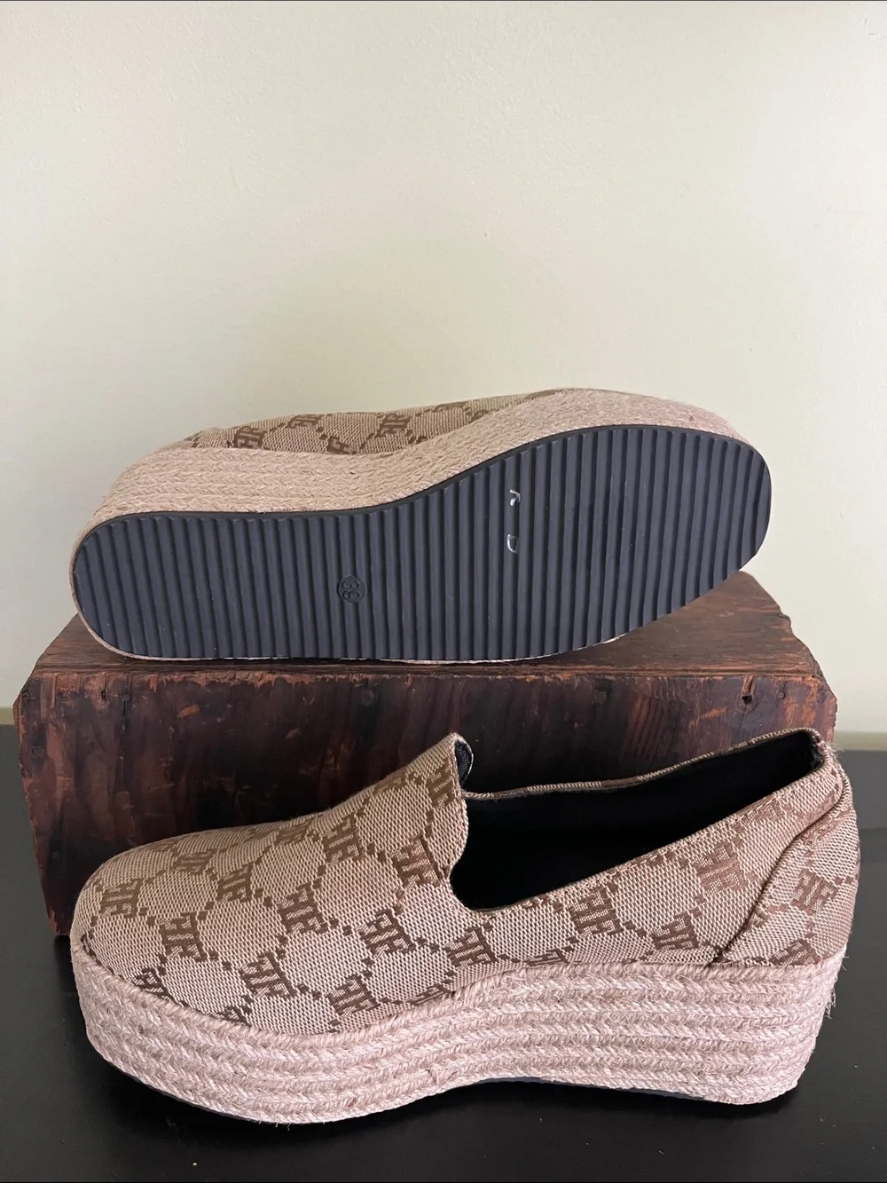 Unbranded Beige Patterned Platform Espadrille Slip-On Shoes